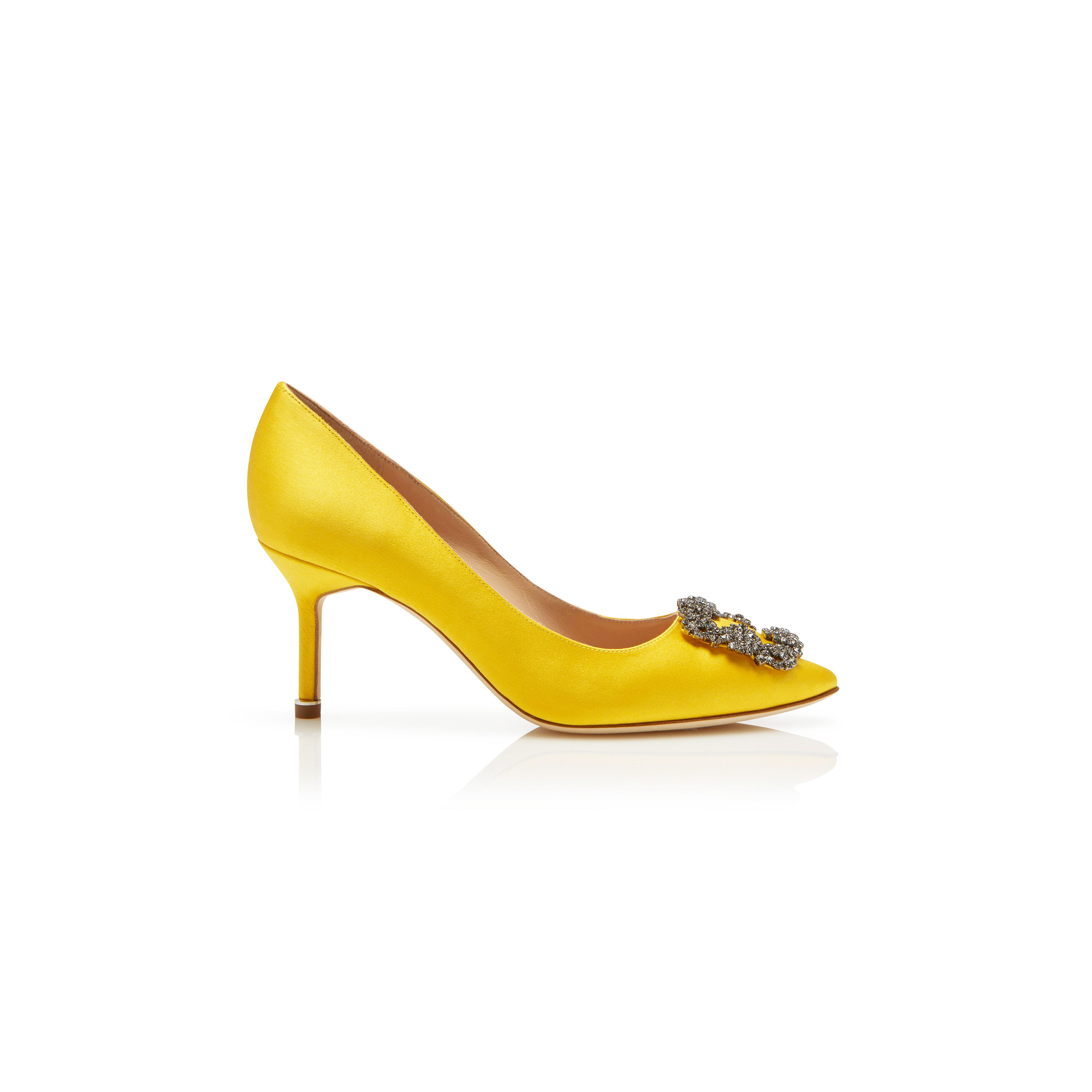 MANOLO BLAHNIK HANGISI 70 YELLOW SATIN JEWEL BUCKLE PUMPS 9XX-0662-0028